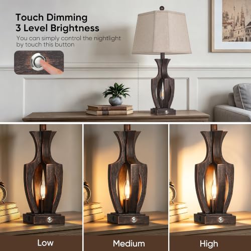 Farmhouse Table Lamps Set of 2 - 26 Inch Dimmable Nightstand Lamps with USB Ports - Bronze