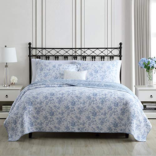 Laura Ashley Queen Quilt Set with Shams - Reversible Cotton Bedding, Walled Garden Blue, Full/Queen