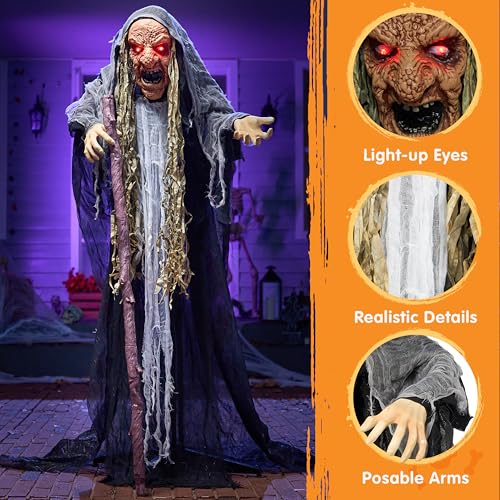 JOYIN Gray Hunchback Witch Halloween Animatronic Outdoor Decor with Light & Creepy Sound
