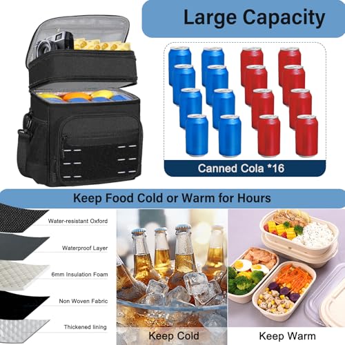 TENKIST 16L Black Expandable Tactical Lunch Box Men 2 Layer Cooler Bag for 20 Cans