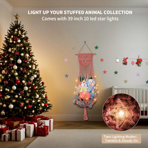 Stuffed Animal Hammock w/LED Star Light, 63 Inch Jumbo Toy Hammock Wall Hanging Plushie Net Holder for Boho Nursery Decor, Watermelon Red Stuffed Animal Storage Organizer for Kid Girls Boys Gift
