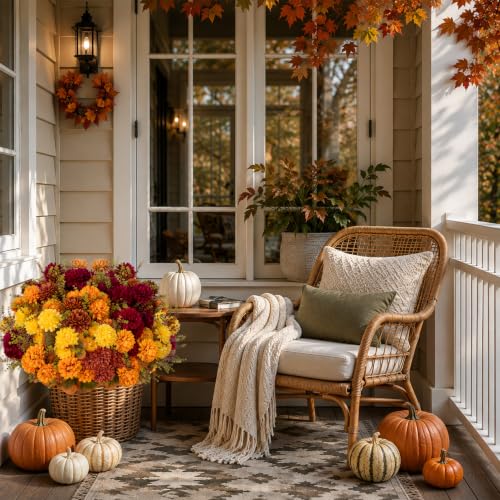 Artificial Fall Mums Flowers Bundle - 15 Inch, Multi-Orange Yellow Burgundy Brown, Outdoor Decor