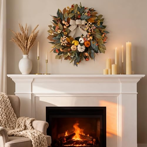 Fall Wreath for Front Door - 24 Inch Pumpkin & Eucalyptus Farmhouse Decor - Variation 09-Farmhouse