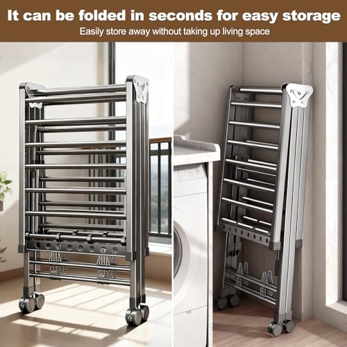 Heavy Duty 3-Tier Clothes Drying Rack with Wheels, 5.9ft Large Capacity