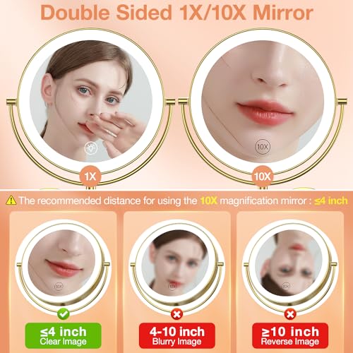 Benbilry 9" Wall Mounted LED Makeup Mirror with 10X Magnification, Gold, Corded