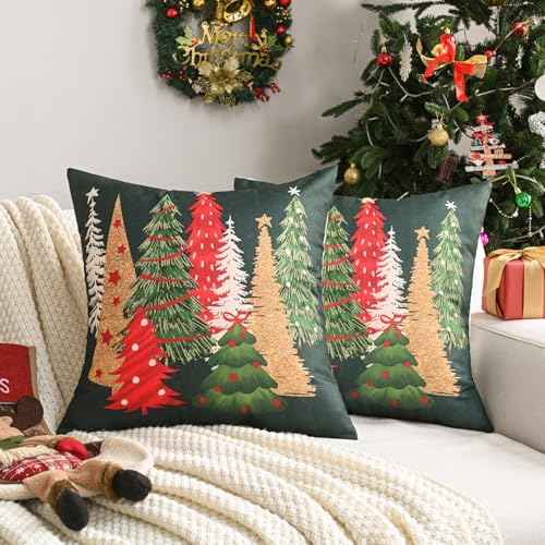 FUTEI Decorative Christmas Tree Pillow Covers 18x18 Inch Set of 2,Christmas Green Linen Cushion Cases, Winter Christmas Throw Pillows for Sofa Couch Bed Living Room