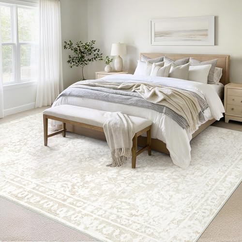 Aoyaomi Cream Beige 8x10 Vintage Boho Area Rug - Distressed Floral Indoor Carpet