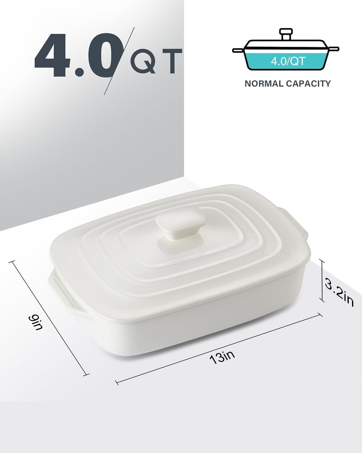 Large Ceramic Casserole Dish - 4.0 Quart Stoneware Baking Dish with Lid | Deep 9x13 Inch Lasagna Pan in White