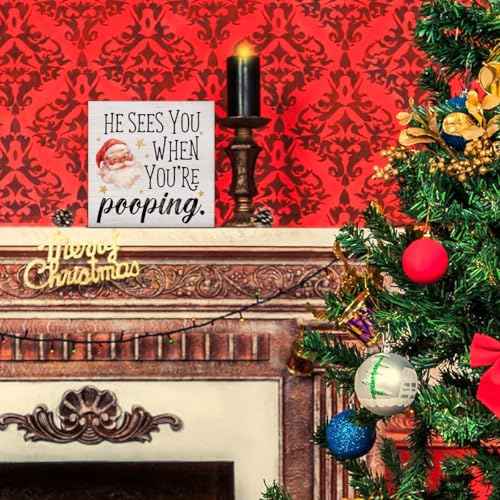 Funny Christmas Decorations, Christmas Bathroom Decor Sign, He Sees You When You're Pooping Wood Sign Rustic Home Bathroom Table Desk Decor (5 x 5 Inches)