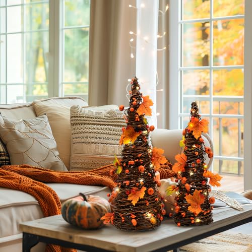 Lighted Fall Tabletop Trees with Pumpkins and Berries - Rustic Thanksgiving Decor - Orange, Yellow, Brown