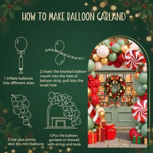 Jenlion 136Pcs Christmas Balloon Arch Kit with Large Mylar Foil Balloons - Red, Sage Green, White