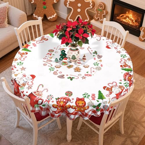 Christmas Round Tablecloth 61 Inch, Gingerbread Candy Cane Print