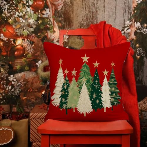 RABUSOFA Christmas Tree Pillow Cover 18x18 Red Stars, 18x18in, Hidden Zipper