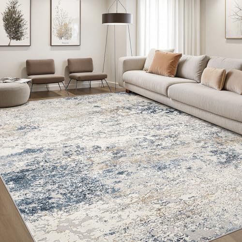 8x10 Beige Blue Abstract Washable Area Rug for Living Room, Non-Slip, Soft Polyester