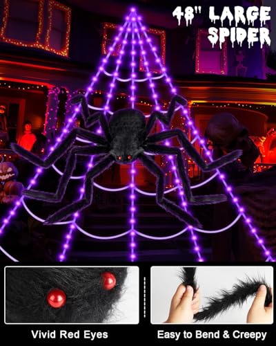 Giant Luminous Spider Web Halloween Decorations with Spider & Lights
