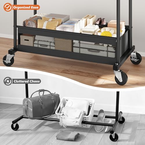 Black Clothes Rack 210 LBS Double Rods with Storage Basket - Space Saving Garment Organizer