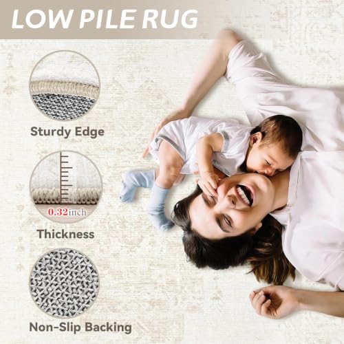 Beige 8x10 Washable Vintage Area Rug - Non-Slip Low Pile Carpet for Living Room