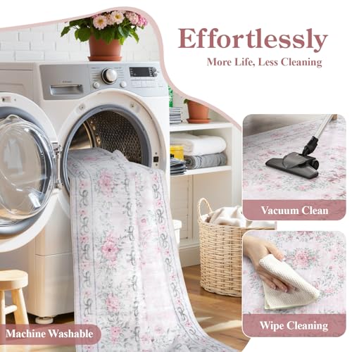 Pink Floral Bow Area Rug 5x7 for Bedroom & Nursery Washable Non-Slip Soft Carpet