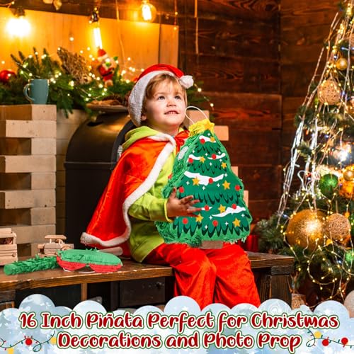 Christmas Tree Piñata Decorations 16in Kit with Stick, Confetti & Blindfold – Red & Green
