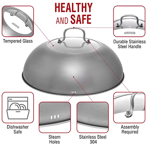 Premium Stainless Steel Wok Lid 13.6 Inch for 14 Inch Wok - Tempered Glass Cover