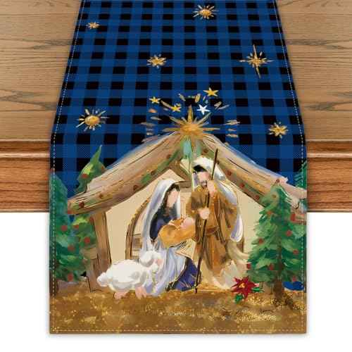 Christmas Table Runner Holy Nativity Tablecover Religious Scene Decor Christmas New Year Xmas Decor Nativity Decorations for Home Party