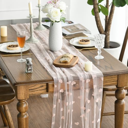 Pink Heart Gauze Table Runner 28 x 120 Inch for Wedding & Party Decor