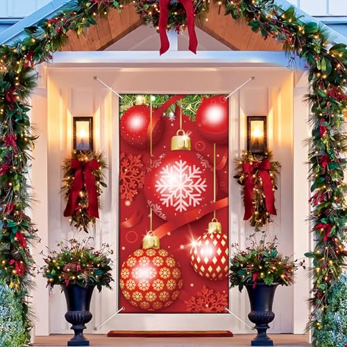 Christmas Door Cover Merry Christmas Ornament Ball, Christmas Backdrop Background Banner Outdoor Sign Front Yard Door Walls Home Party Supplies Christmas Party Decor Supplies (35.5"x71")