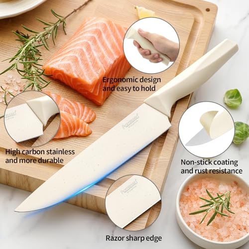 White Stem Wooden Seat 8-Piece Knife Set with Block & Built-in Sharpener