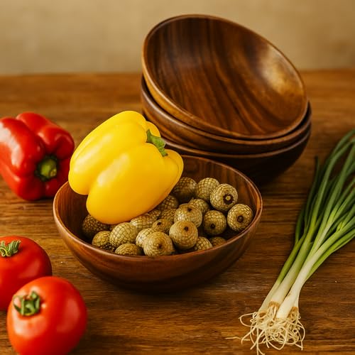 Wood Bowls for Food Set of 4 - 7 Inch Solid Acacia Salad & Cereal Bowls