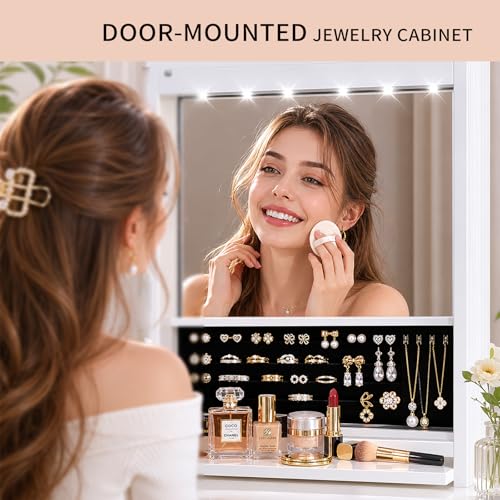 Over the Door Jewelry Organizer with Mirror & LED Lights - White