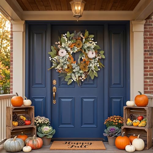22-Inch Fall Wreath with Artificial Eucalyptus and Velvet Pumpkins - Farmhouse Holiday Door Decor
