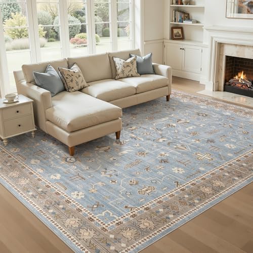 Blue and Brown 8x10 Washable Vintage Area Rug - Pet Safe, Non-Slip, Easy-Care