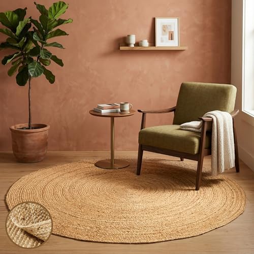 SpoiledHome 5ft Round Natural Jute Area Rug with Non-Slip Backing, Eco-Friendly Farmhouse Decor