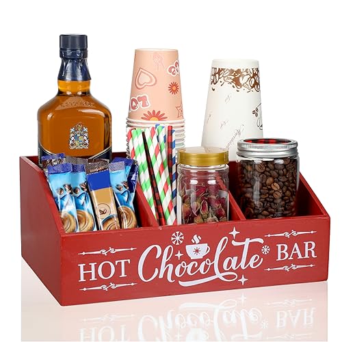 Barydat Red Hot Cocoa Bar Organizer Wood Countertop with 4 Compartments