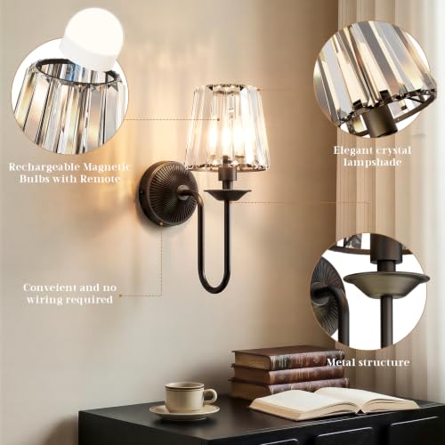 KernLite Black Wireless Dimmable Wall Sconces Set of Two with Crystal Shades and Remote