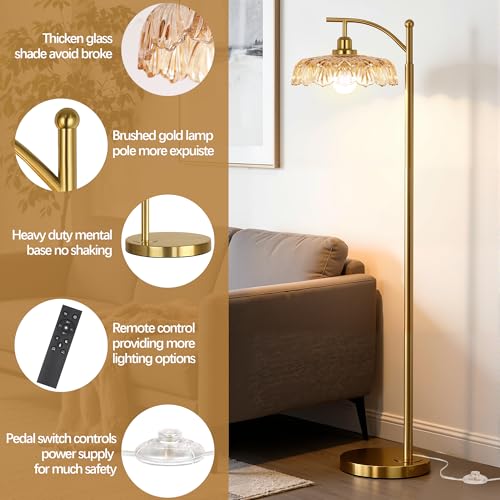 Gold Champagne Floor Lamp for Living Room & Bedroom - Dimmable Mid Century Modern Standing Lamp with Remote & Amber Glass Shade - 68" Tall Vintage Retro Design