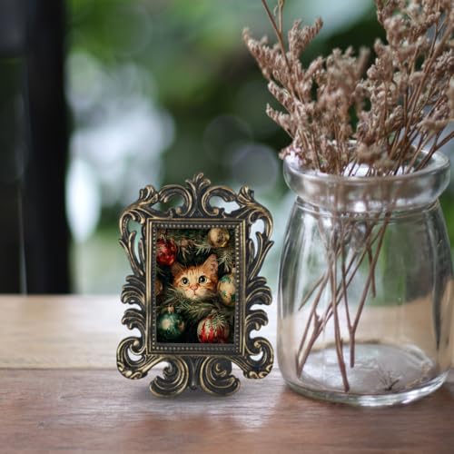 Vintage Christmas Cat Ornament Tree Small Picture Frame Baroque