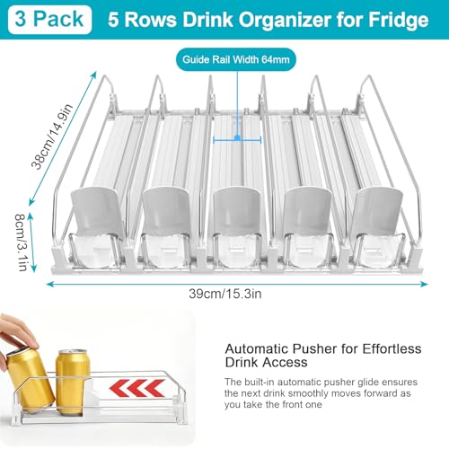 15 Rows 3 Pack Fridge Drink Organizer with Self-Pushing Dispenser - Adjustable Capacity
