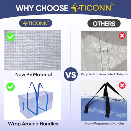 TICONN 16 Pack Extra Large Waterproof Moving Storage Bags with Handles, Blue