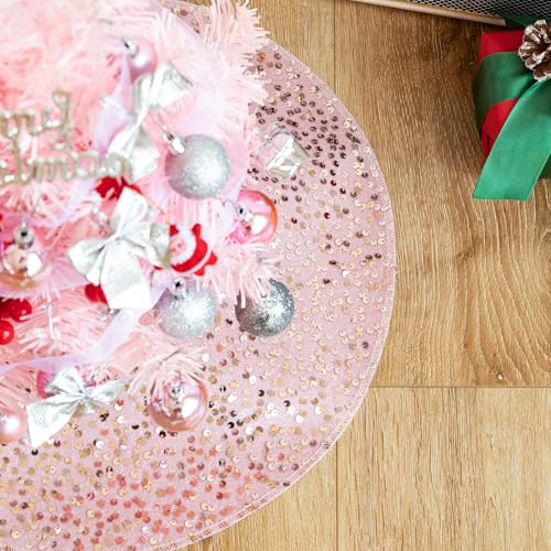 Christmas Tree Skirt, 18 inch Sparkly with Faux Fur Plush mini Christmas Tree Skirt, Christmas Tree Base Mat Thin Velvet Rugs for Xmas Party Home Decorations (Pink)