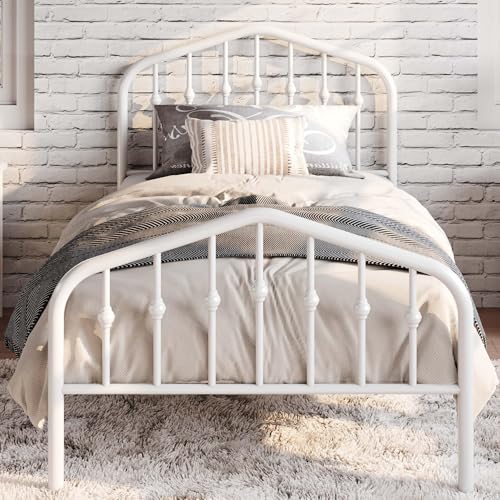 Twin Size Metal Bed Frame with Wrought Iron Headboard - White, Rustic Style