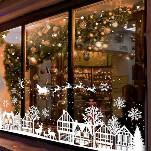 Christmas Window Clings Decorations: Large Winter House Decals Window Clings with Snowflakes, Watercolor Rustic Xmas Stickers for Kids Home Office School Winter Holiday D?cor