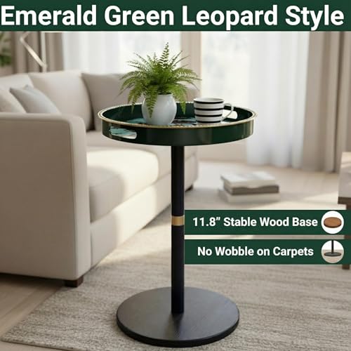Gesodant Boho Single Leg Round Side Table with Tray Top - Green Leopard