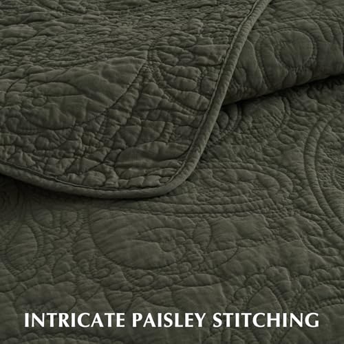 Cotton Paisley Quilt Set Queen Size - Olive Green, Rustic Style, Elegant Design