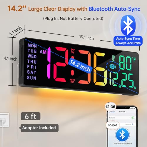 Soobest 14.2 Inch RGB Digital Wall Clock with Bluetooth & Remote, Large LED Display