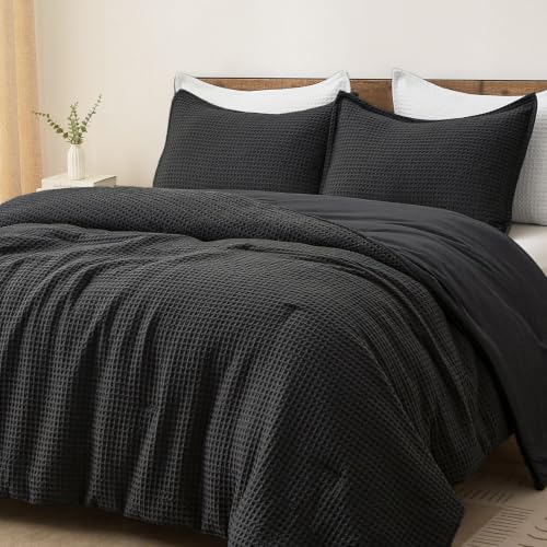 PHF Ultra Soft Waffle Comforter Set Queen Black 3 Pieces - Breathable & Durable