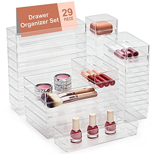 Large Clear Drawer Organizer Set - 29 Pieces, 4 Sizes, Stackable, Non-Slip