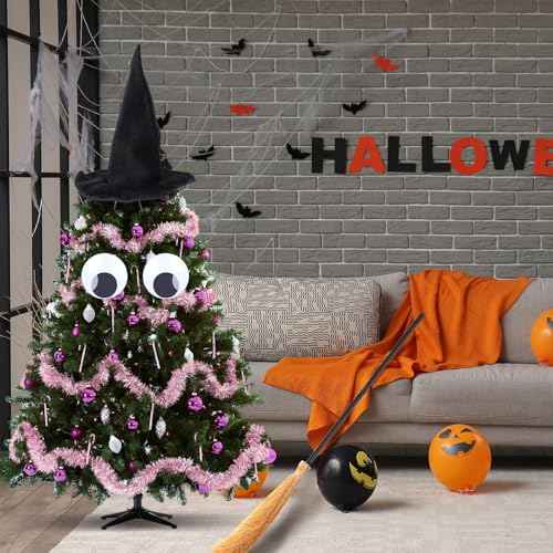 Gejoy 3 Pcs Halloween Tree Topper Witch Hat Decor Include Large Witch Hat Self Adhesive Wiggle Giant Googly Eyes and Reversible Broom for Halloween Christmas Tree Decor Masquerade Party Decoration