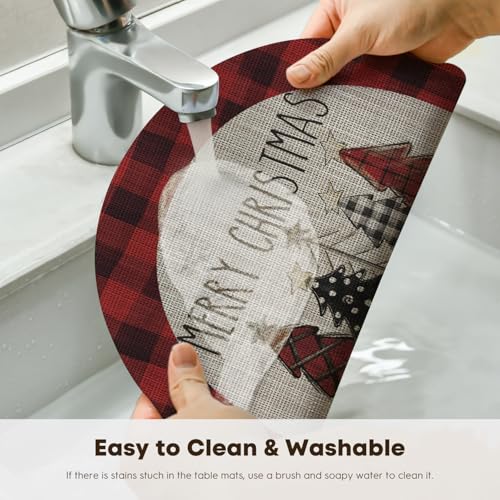14-Inch Xmas Christmas Vinyl Round Placemats Set of 4 - Wipeable Winter Table Mats, Red
