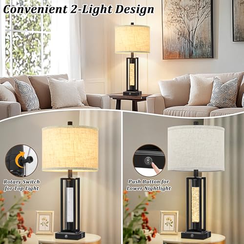 Set of 2 Farmhouse Table Lamps with Crystal Night Light, Black, 26 Inches - Includes USB Charging Ports